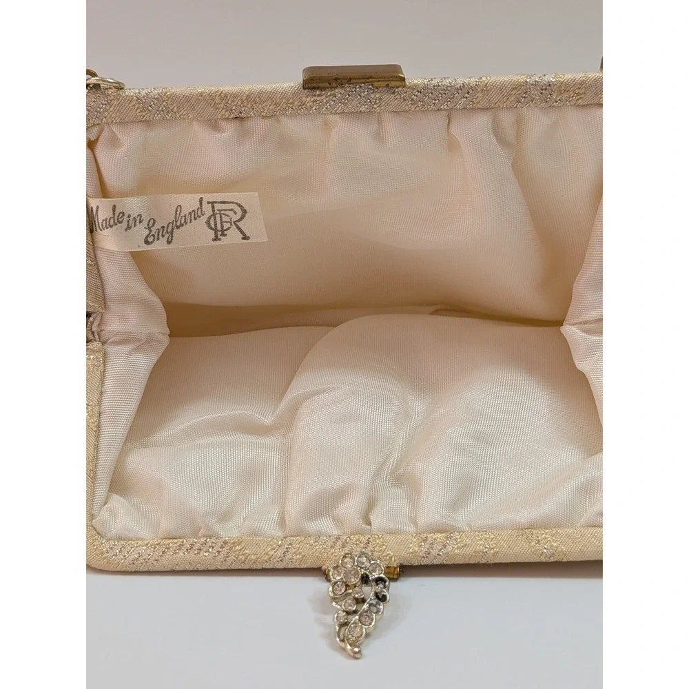 Vtg CFR Made in England Gold Brocade Evening Bag Rhinestone Clasp Chain Purse